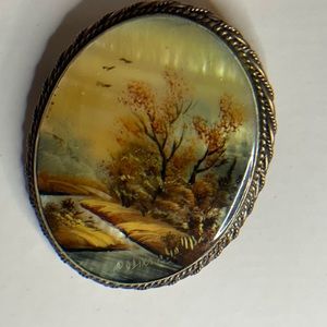 Antique Rare Russian Fedoskino Hand Painted Brooch